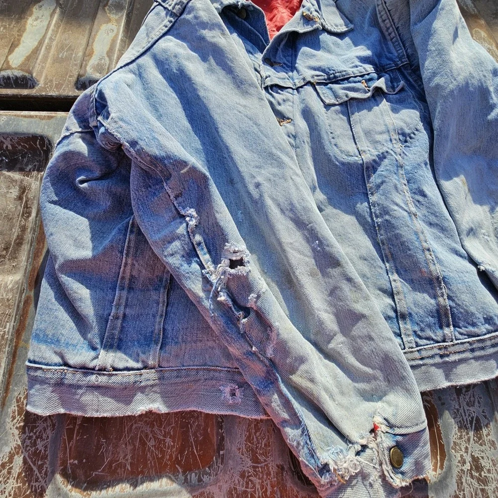 True VTG Lined Denim Trucker Jacket Type 3 Lg (Boxy) Faded And Stained Red Gut